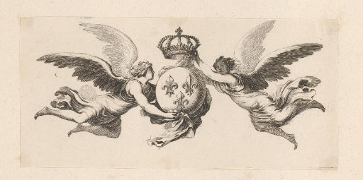 Two flying angels with the royal crown and a globe with the fleur-de-lis