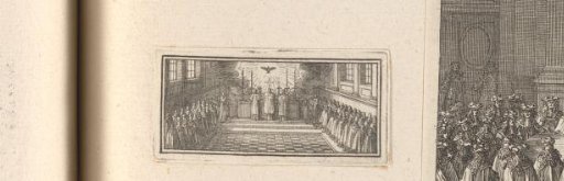 Vignette with a priest before the altar, the Holy Spirit surrounded by knights of the Order of the Holy Spirit