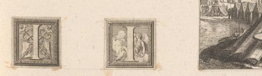 Initial 'I' with Fame blowing a coat of arms