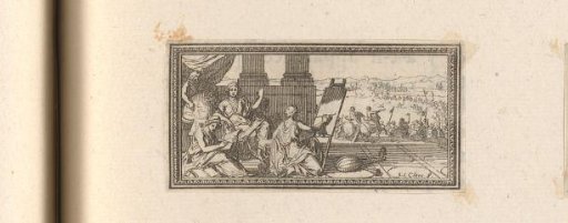 Vignette with the Arts and a battlefield in the background