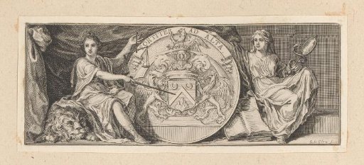 Vignette with Justitia and Prudentia Sitting Next to a Medallion with the Coat of Arms of Gaspard de Fieubet