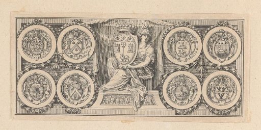 Vignette with Minerva seated among various medallions
