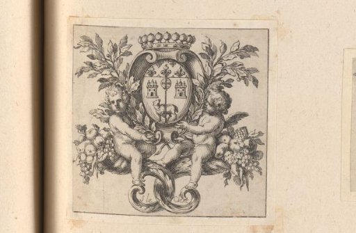 Cul-de-lampe with two angels on a cornucopia beside the coat of arms of Toulouse