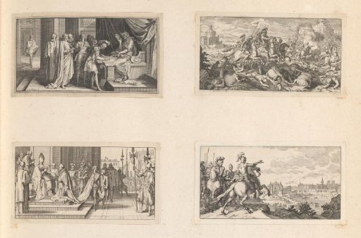 Four vignettes with soldiers, a battle, a woman with a mask, and the revocation of Henry IV