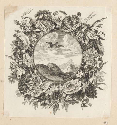Landscape with a flying bird, in a cartouche