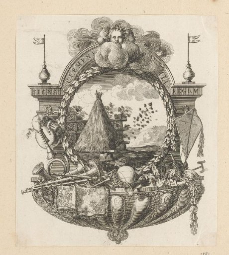 Beehive with a swarm of bees, in a cartouche