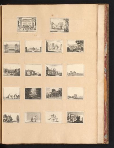 Title print and seventeen prints with buildings, landscapes, and horses