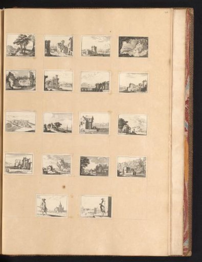 Eighteen prints with buildings, landscapes, and figures