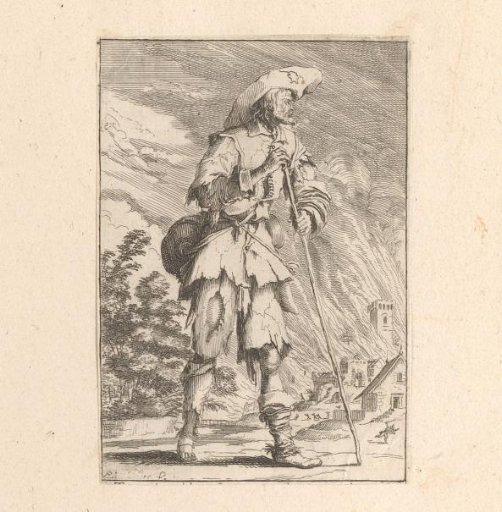 Beggar with a building on fire in the background