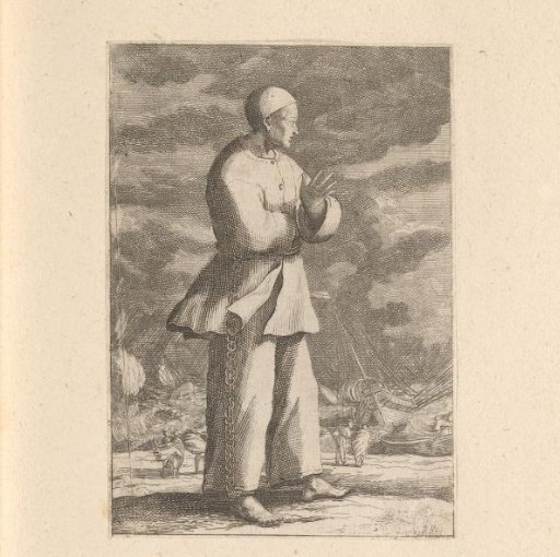 Enslaved man standing on the coast with ships at sea