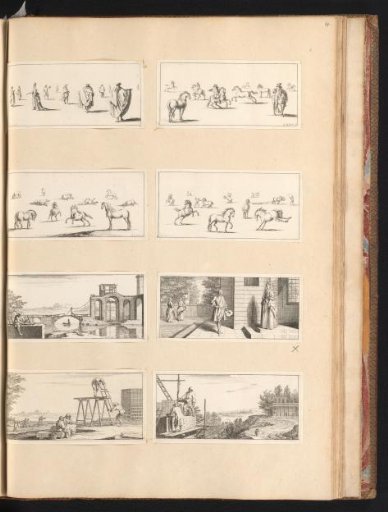 Eight prints with horses, figures, and construction sites