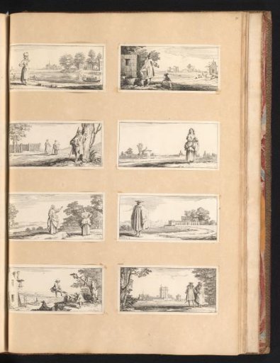 Eight prints with figures in landscapes, before castles, and on a construction site