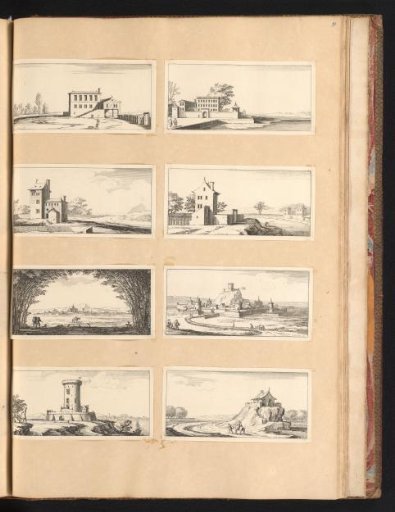 Eight prints with figures in landscapes and various buildings