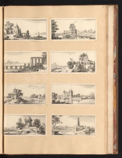 Eight prints with various buildings in landscapes