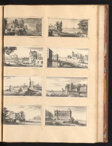 Eight prints with various buildings in landscapes