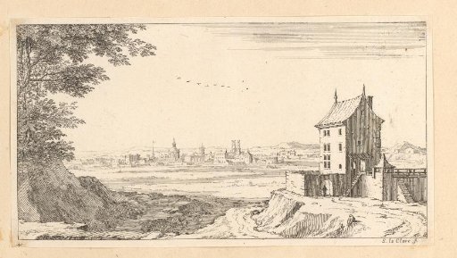 Landscape with a house in the foreground and a city in the background