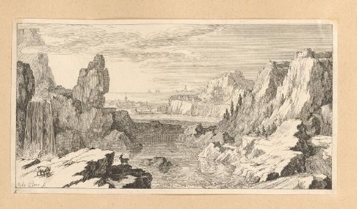 Mountain landscape with a village on the coast in the background