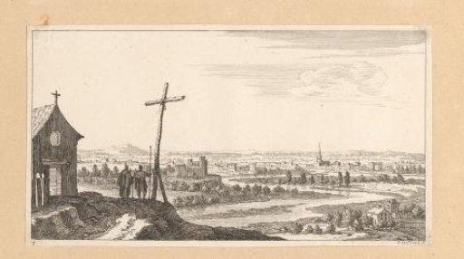 View of a landscape with a chapel on the left and monks beside a cross