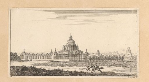 View of a monastery in a landscape with two riders in the foreground