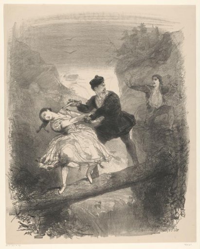 Ballet scene with man and woman above an abyss