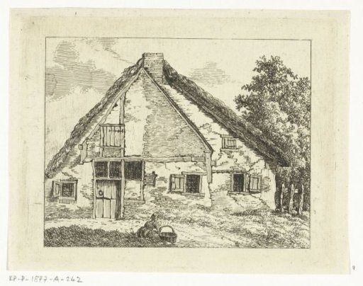 Woman with a basket sitting in front of a house