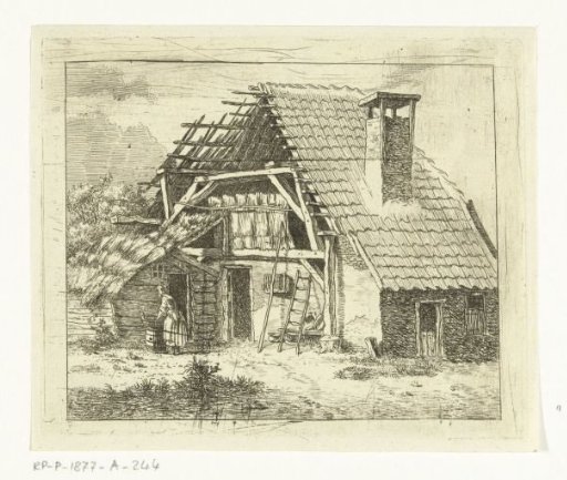 Woman doing laundry in front of a farmhouse