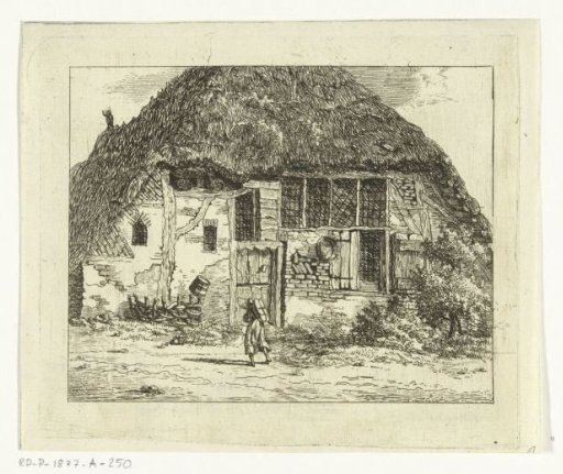 Man with a bundle on his back in front of a farmhouse