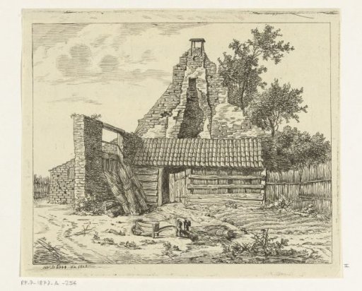 Reed cutter in front of the ruin of the house Snaatburg at Maarssen