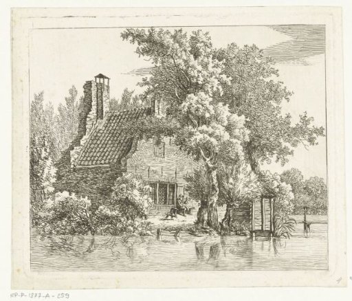 Smoking man on a bench in front of the ruin of the house Snaatburg at Maarssen