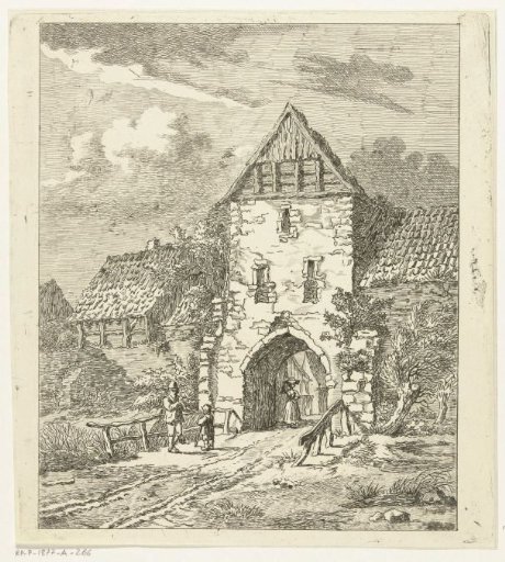 Several figures at an old city gate
