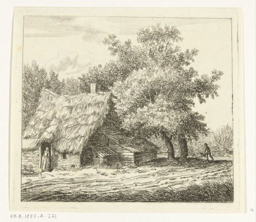Farmhouse with a woman at the door and a man with a wheelbarrow on a path