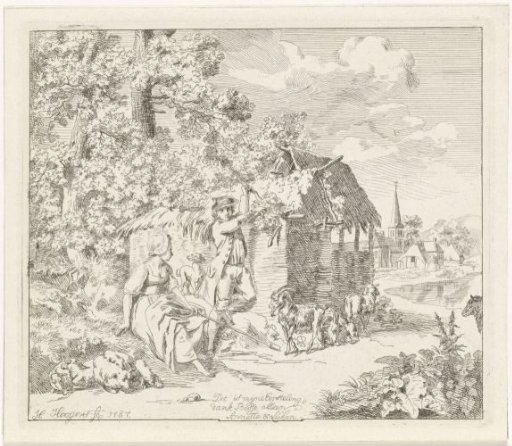 Shepherdess and young man at a barn