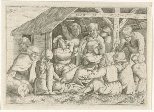 Beggars at a meal in a hut