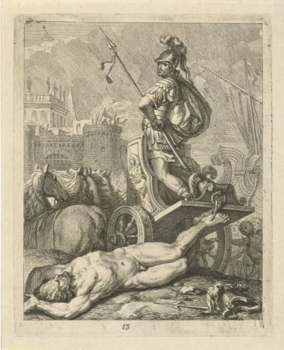Achilles with the corpse of Hector behind his chariot of victory
