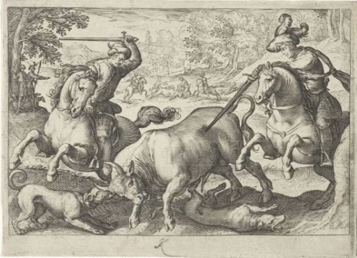 Landscape with hunt for bulls