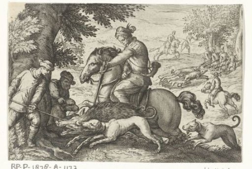 Hilly landscape with hunt for wild boars