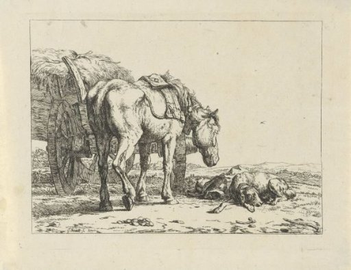 Horse and dog by a hay wagon