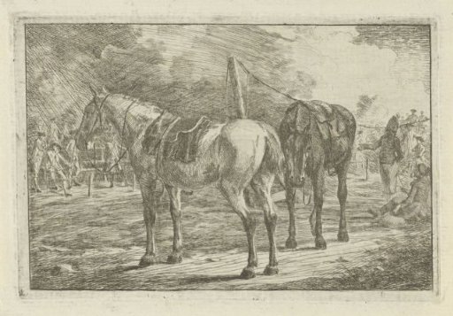 Two Saddled Horses near a Camp