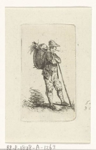 Smoking man with basket and stick