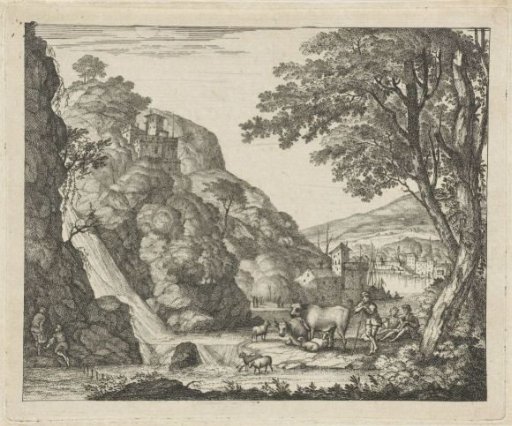 Shepherd with animals near a waterfall
