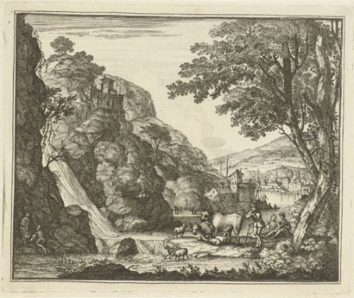 Shepherd with animals near a waterfall