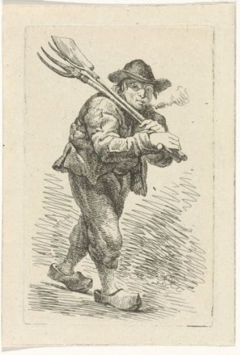 Smoking peasant with spade and pitchfork