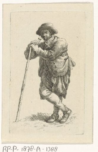 Smoking man leaning on a walking stick