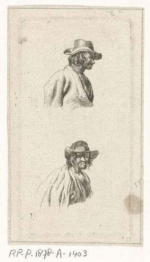 Two male busts, with hats