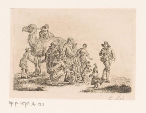 Musicians with a Barrel Organ and a Drum Making Dogs Dance for an Audience, with a Dromedary with a Monkey on its Back in the Background