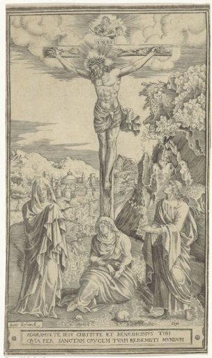 Christ on the cross flanked by Mary and John