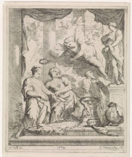 Man and woman crowned by Love before an altar