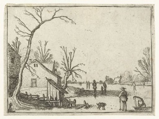 Farmhouse by a frozen river with skaters on the ice