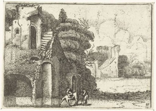Drinking horse near ruins