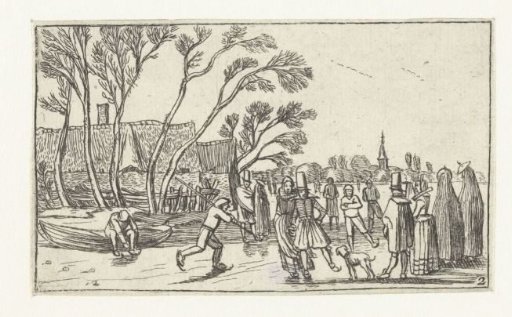 Skaters on the ice near a farmhouse